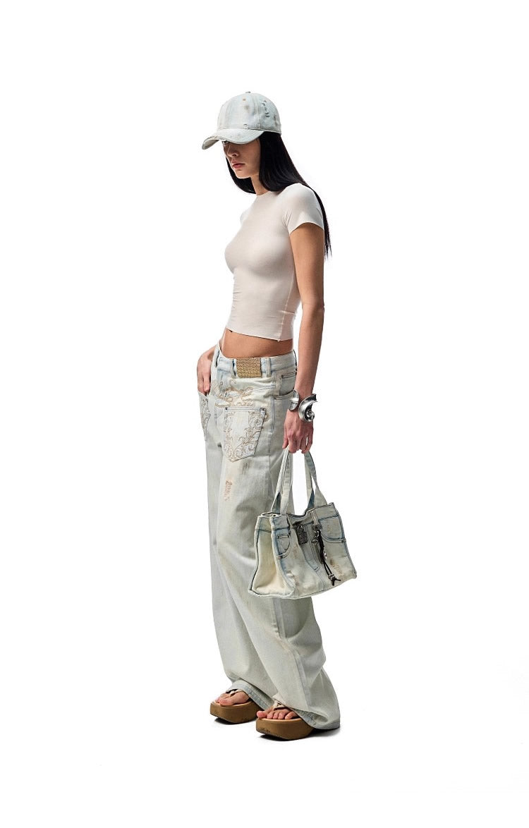 1JINN STUDIO | Washed Low Rise Banana Cut Wide Leg Denim Pants [ID:]