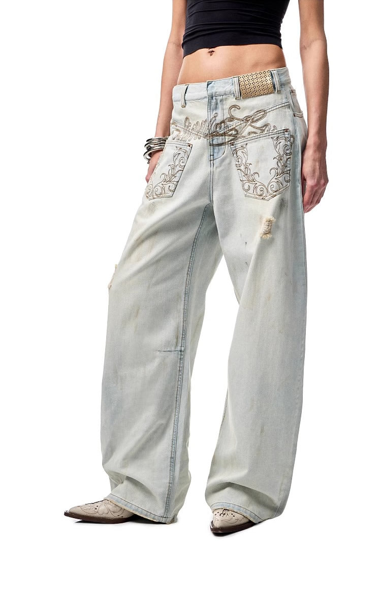 1JINN STUDIO | Washed Low Rise Banana Cut Wide Leg Denim Pants [ID:]