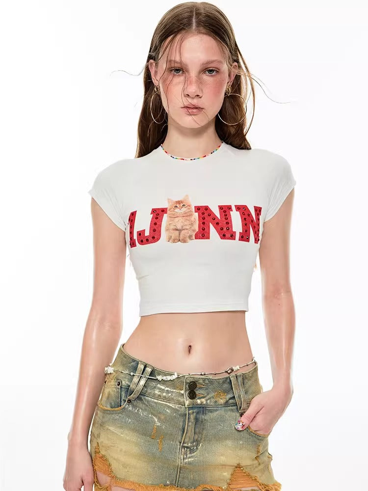 1JINN STUDIO | Fruit Rhinestone Graphic Slim Fit Stretch Crop T-Shirt [ID:]