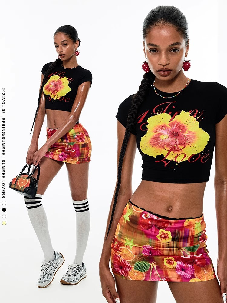 1JINN STUDIO | Fruit Rhinestone Graphic Slim Fit Stretch Crop T-Shirt [ID:]