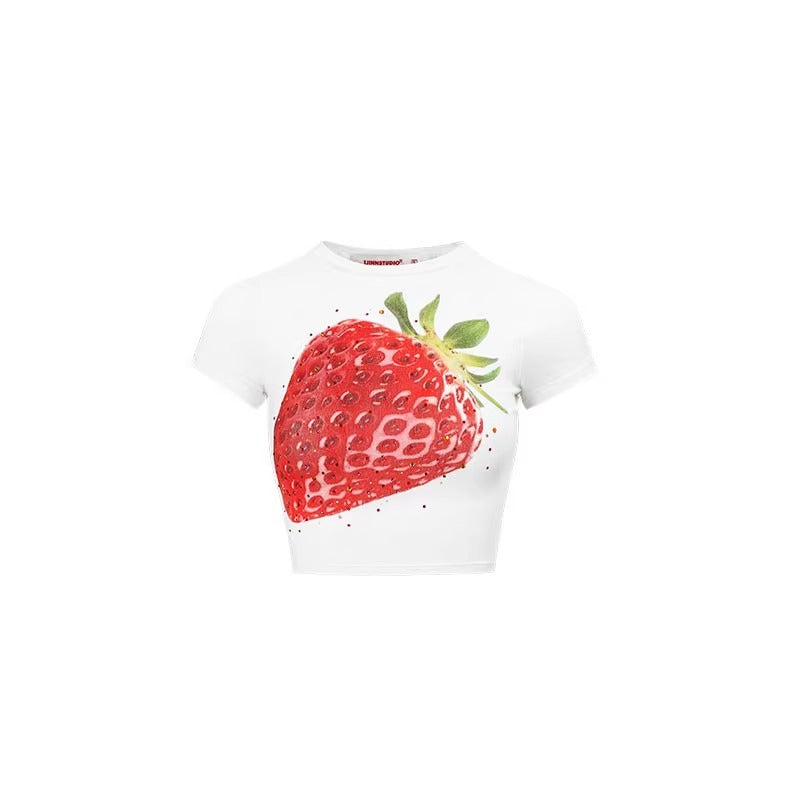 1JINN STUDIO | Fruit Rhinestone Graphic Slim Fit Stretch Crop T-Shirt [ID:]
