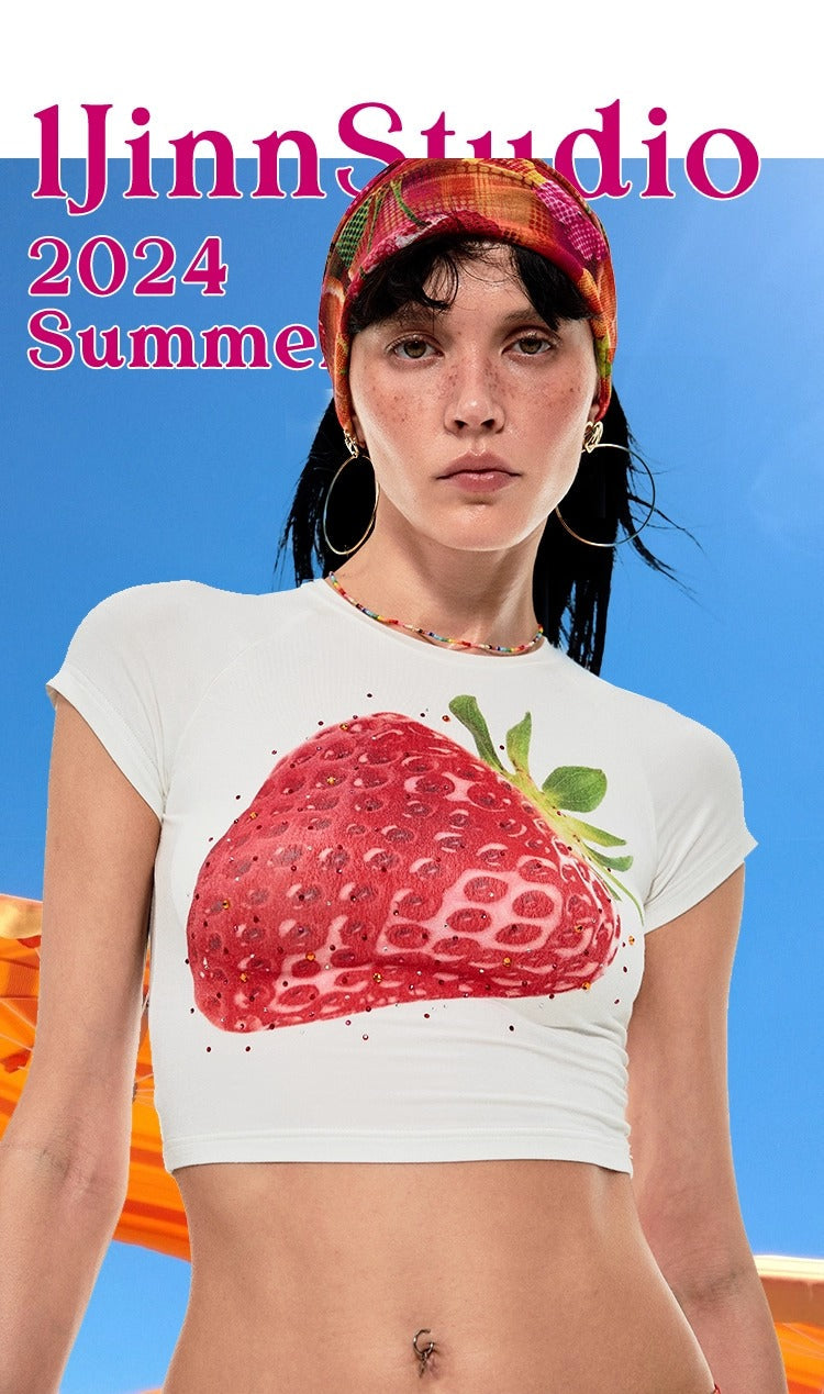 1JINN STUDIO | Fruit Rhinestone Graphic Slim Fit Stretch Crop T-Shirt [ID:]