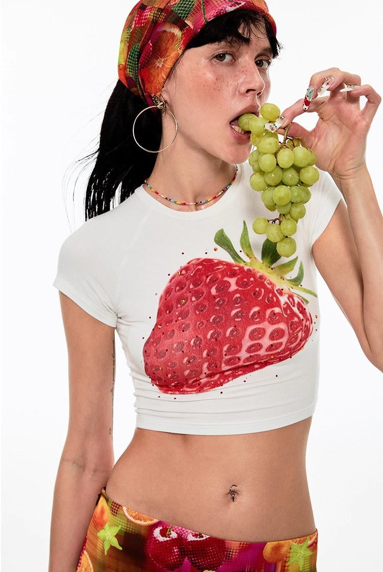 1JINN STUDIO | Fruit Rhinestone Graphic Slim Fit Stretch Crop T-Shirt [ID:]