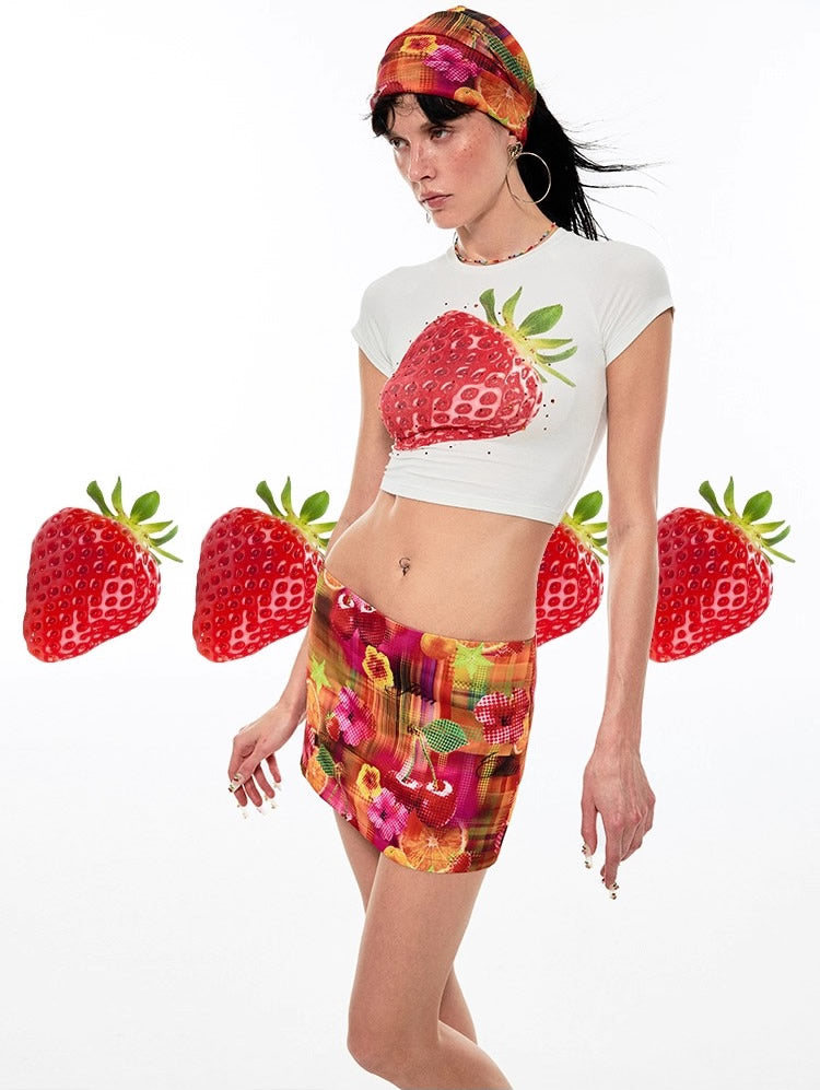 1JINN STUDIO | Fruit Rhinestone Graphic Slim Fit Stretch Crop T-Shirt [ID:]