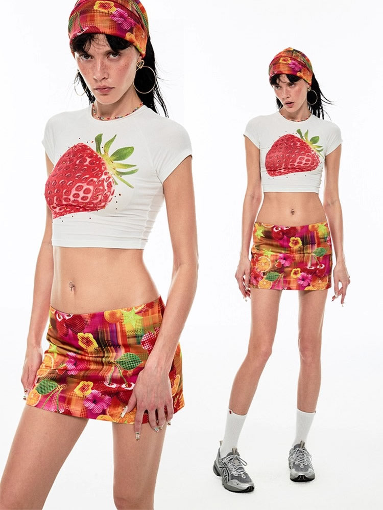 1JINN STUDIO | Fruit Rhinestone Graphic Slim Fit Stretch Crop T-Shirt [ID:]