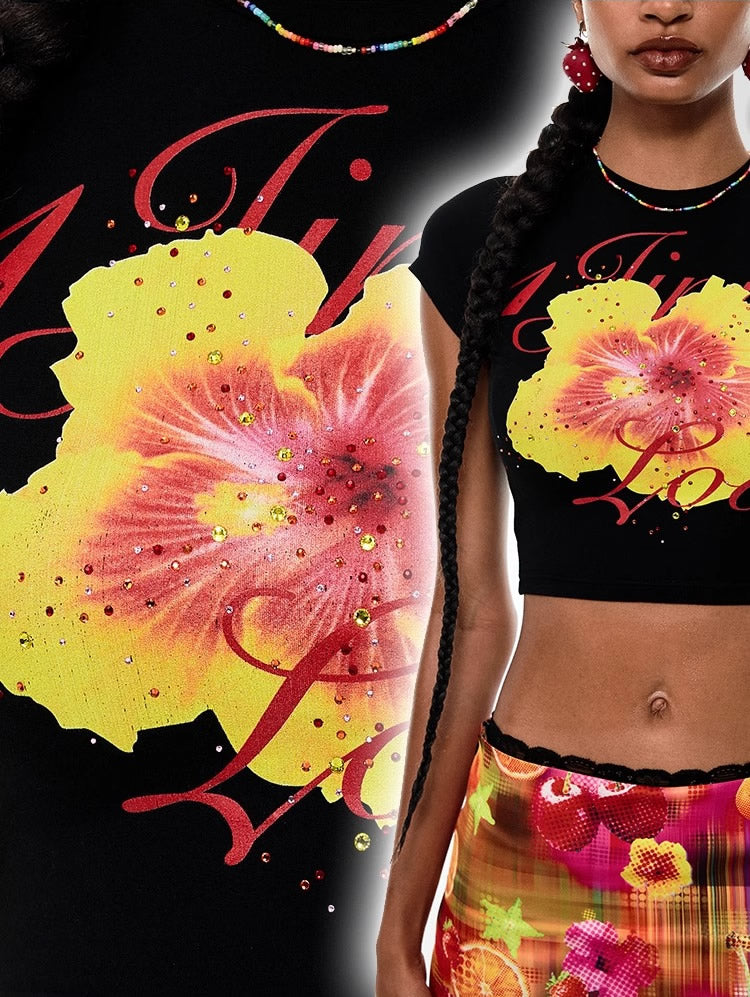 1JINN STUDIO | Fruit Rhinestone Graphic Slim Fit Stretch Crop T-Shirt [ID:]
