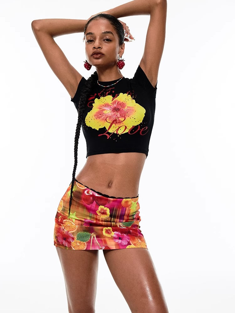 1JINN STUDIO | Fruit Rhinestone Graphic Slim Fit Stretch Crop T-Shirt [ID:]