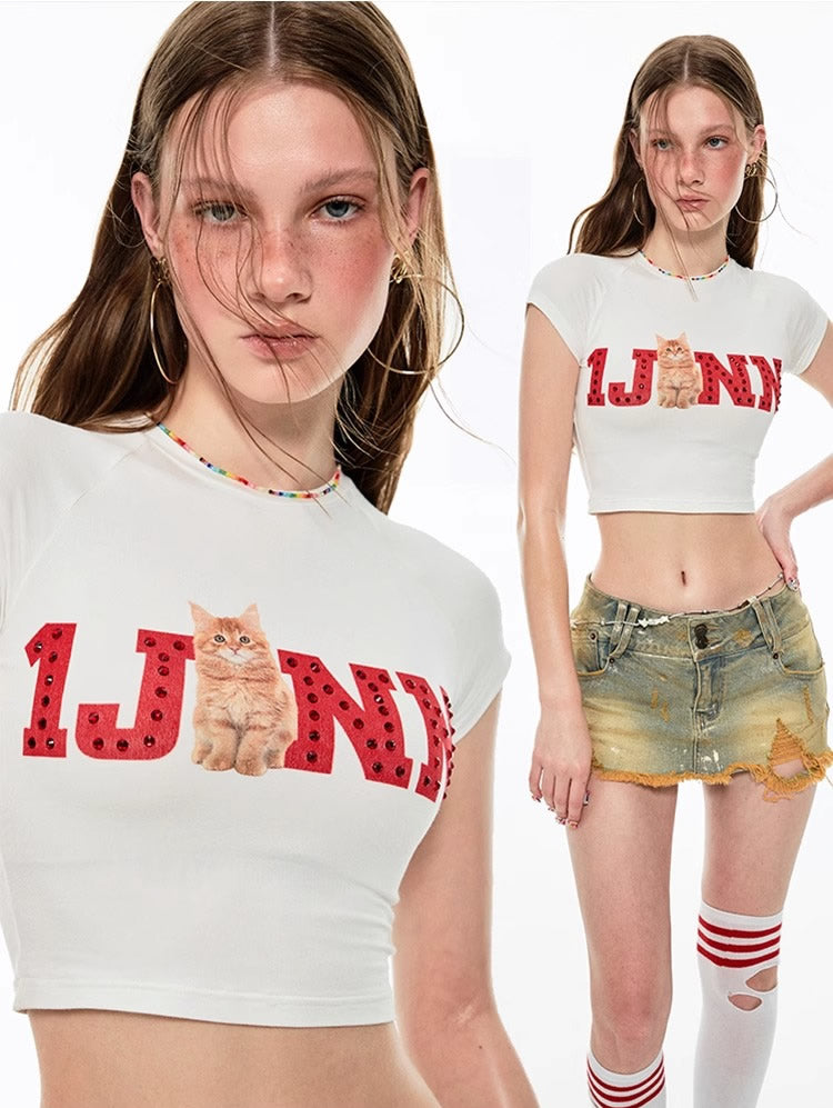 1JINN STUDIO | Fruit Rhinestone Graphic Slim Fit Stretch Crop T-Shirt [ID:]