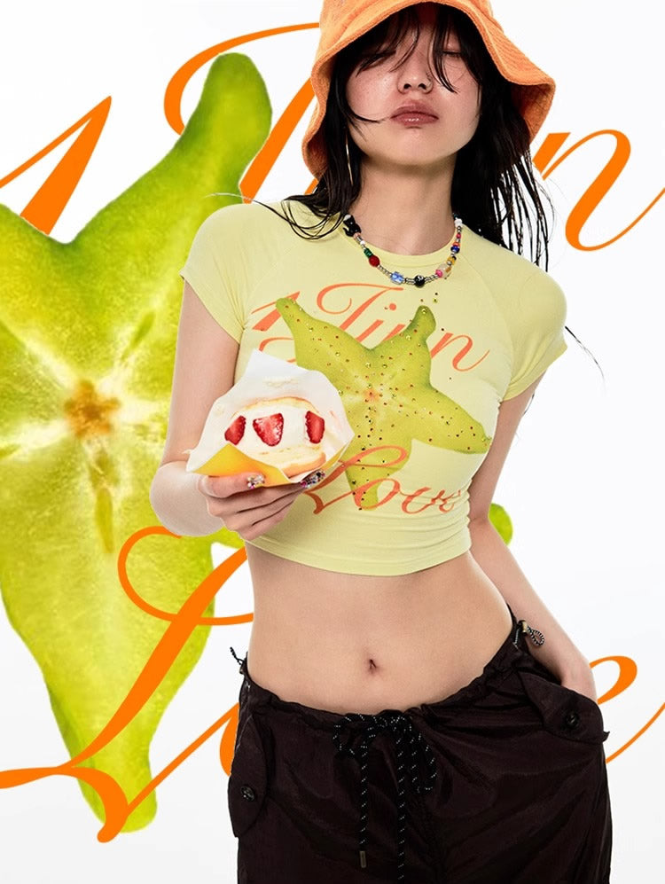 1JINN STUDIO | Fruit Rhinestone Graphic Slim Fit Stretch Crop T-Shirt [ID:]