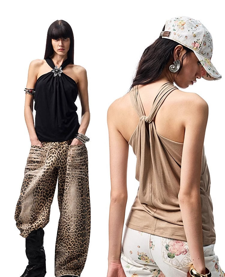 1JINN STUDIO | High Stretch Ruched Knot V Neck Acetate Halter Top [ID:]