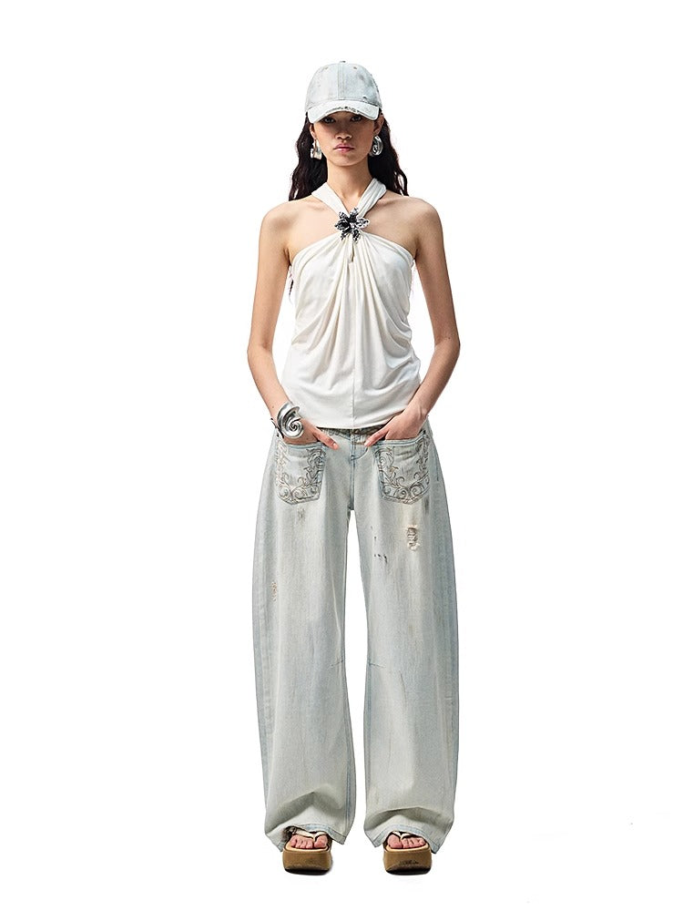 1JINN STUDIO | High Stretch Ruched Knot V Neck Acetate Halter Top [ID:]