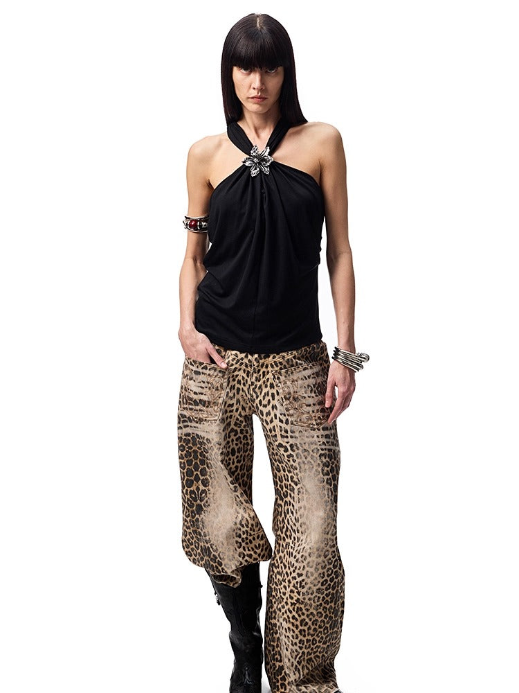 1JINN STUDIO | High Stretch Ruched Knot V Neck Acetate Halter Top [ID:]
