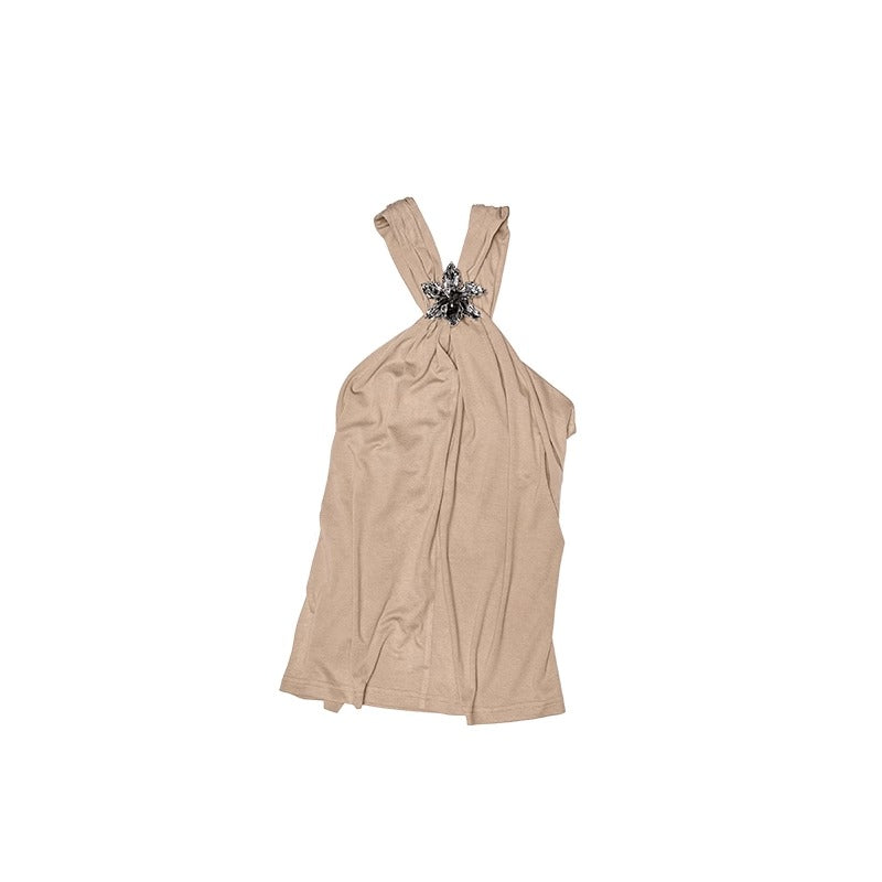 1JINN STUDIO | High Stretch Ruched Knot V Neck Acetate Halter Top [ID:]