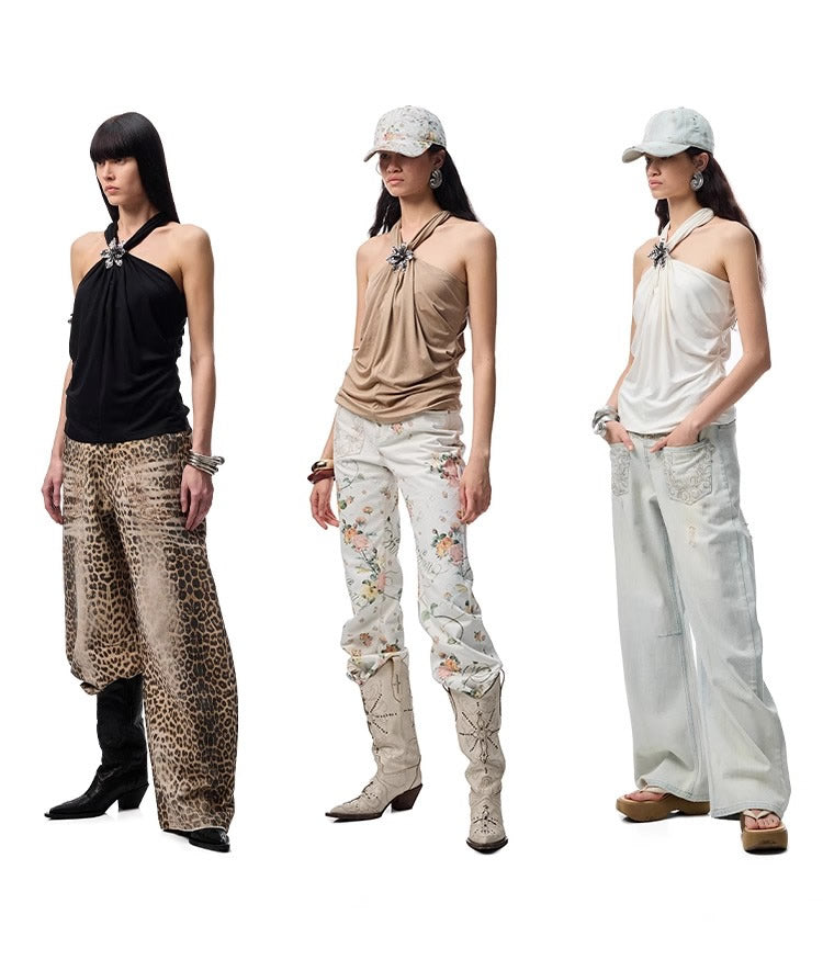 1JINN STUDIO | High Stretch Ruched Knot V Neck Acetate Halter Top [ID:]
