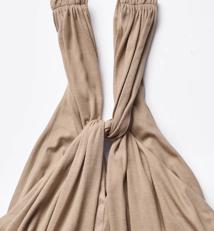 1JINN STUDIO | High Stretch Ruched Knot V Neck Acetate Halter Top [ID:]