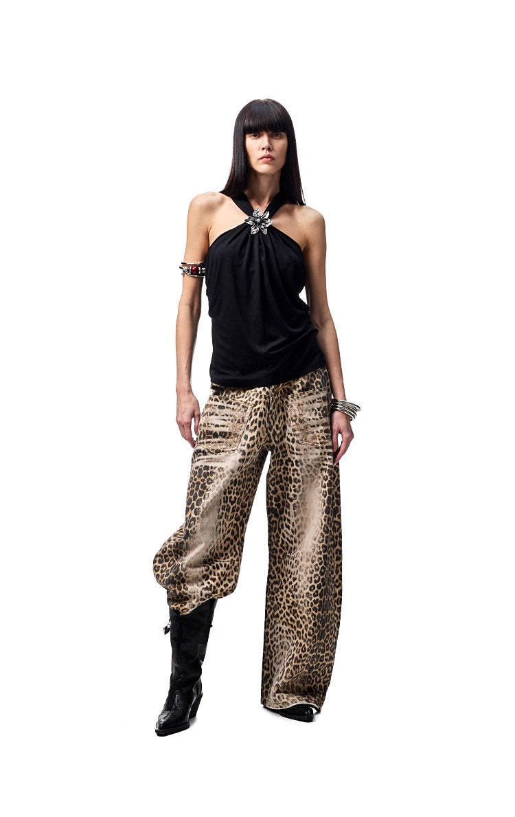 1JINN STUDIO | High Stretch Ruched Knot V Neck Acetate Halter Top [ID:]