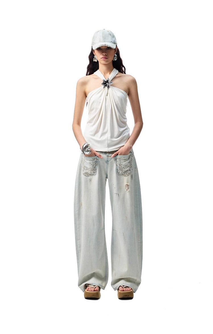 1JINN STUDIO | High Stretch Ruched Knot V Neck Acetate Halter Top [ID:]