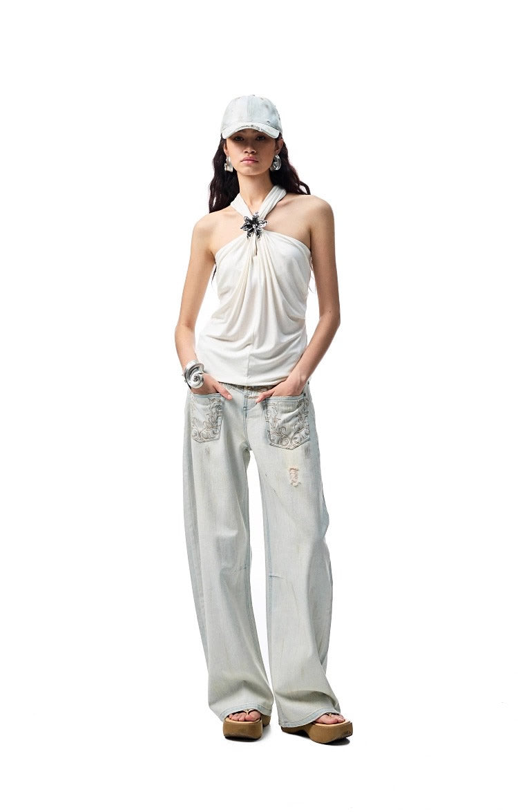 1JINN STUDIO | High Stretch Ruched Knot V Neck Acetate Halter Top [ID:]