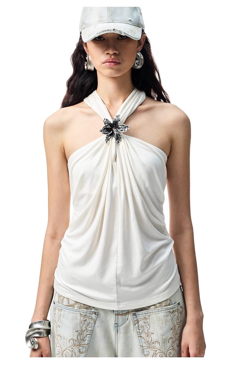 1JINN STUDIO | High Stretch Ruched Knot V Neck Acetate Halter Top [ID:]