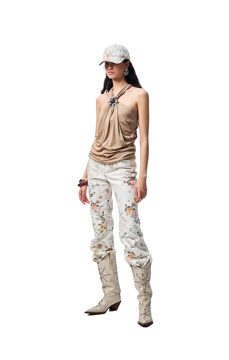 1JINN STUDIO | High Stretch Ruched Knot V Neck Acetate Halter Top [ID:]