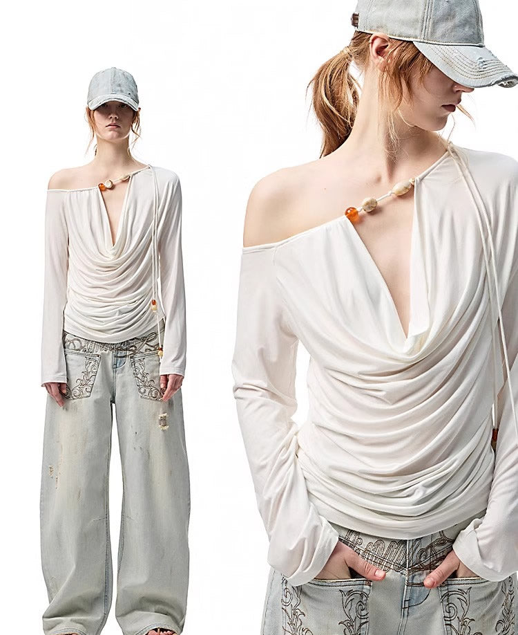 1JINN STUDIO | Beaded Draped Off Shoulder Ruched Deep V Long Sleeve Top [ID:]
