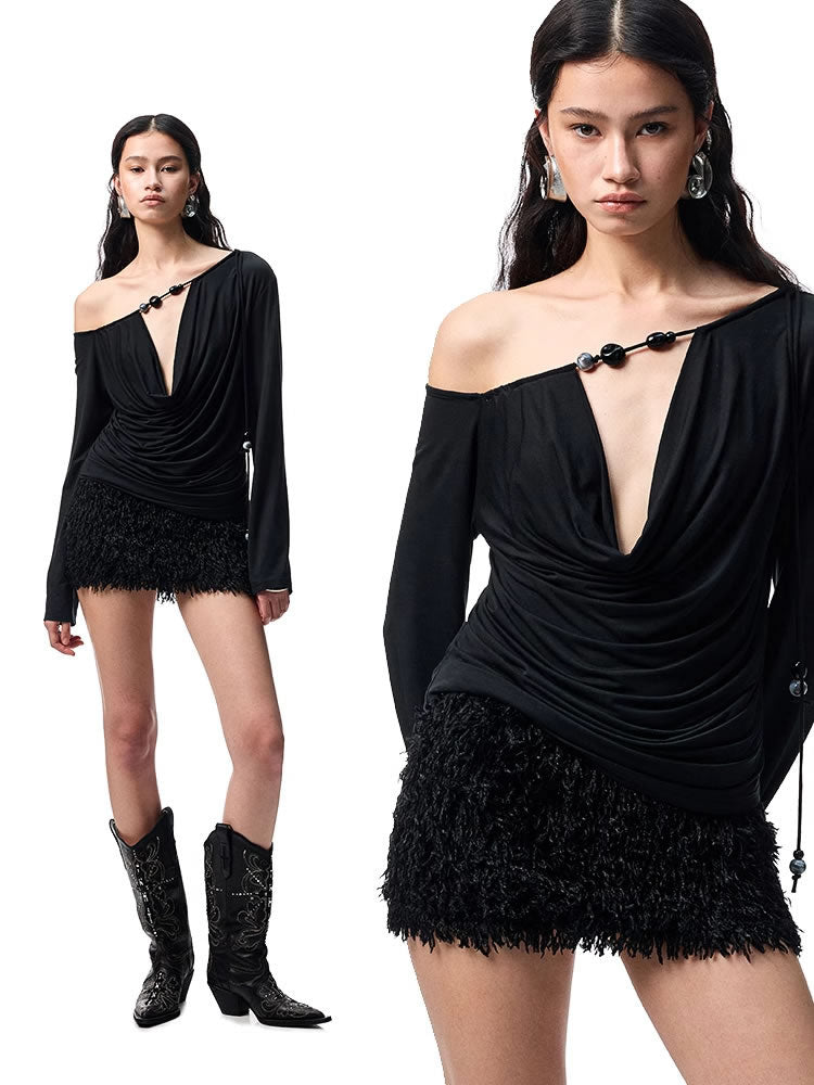 1JINN STUDIO | Beaded Draped Off Shoulder Ruched Deep V Long Sleeve Top [ID:]