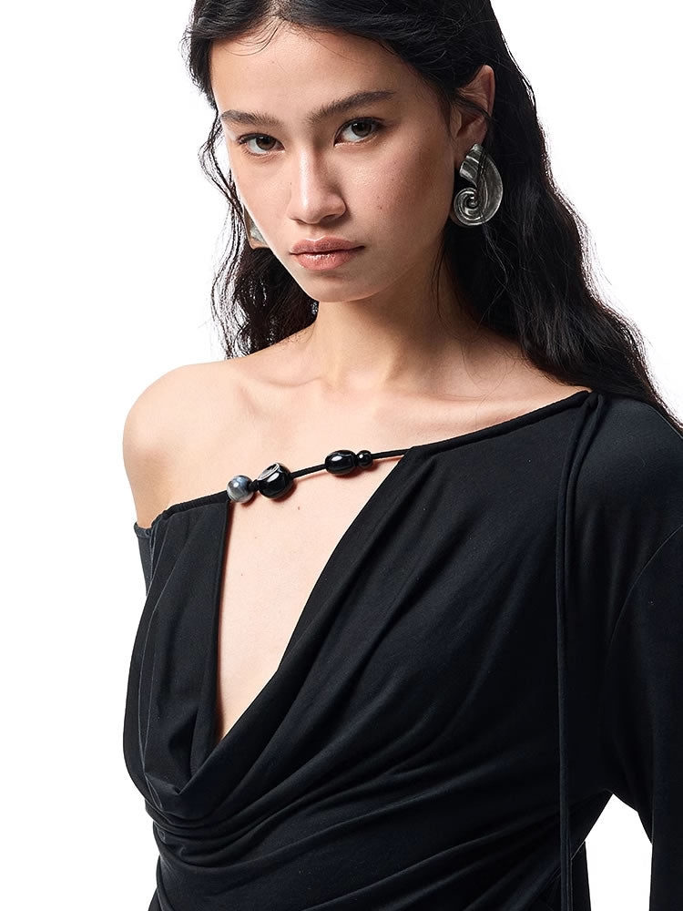 1JINN STUDIO | Beaded Draped Off Shoulder Ruched Deep V Long Sleeve Top [ID:]