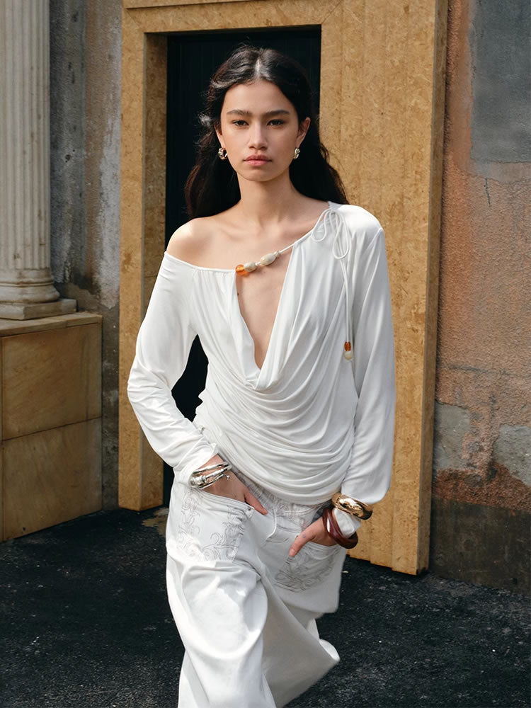 1JINN STUDIO | Beaded Draped Off Shoulder Ruched Deep V Long Sleeve Top [ID:]