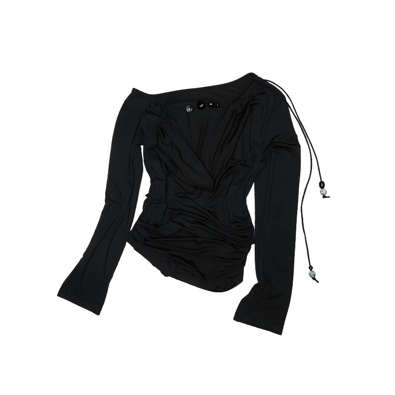 1JINN STUDIO | Beaded Draped Off Shoulder Ruched Deep V Long Sleeve Top [ID:]