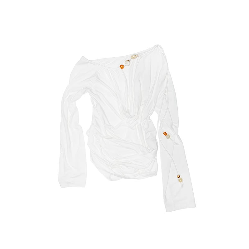 1JINN STUDIO | Beaded Draped Off Shoulder Ruched Deep V Long Sleeve Top [ID:]