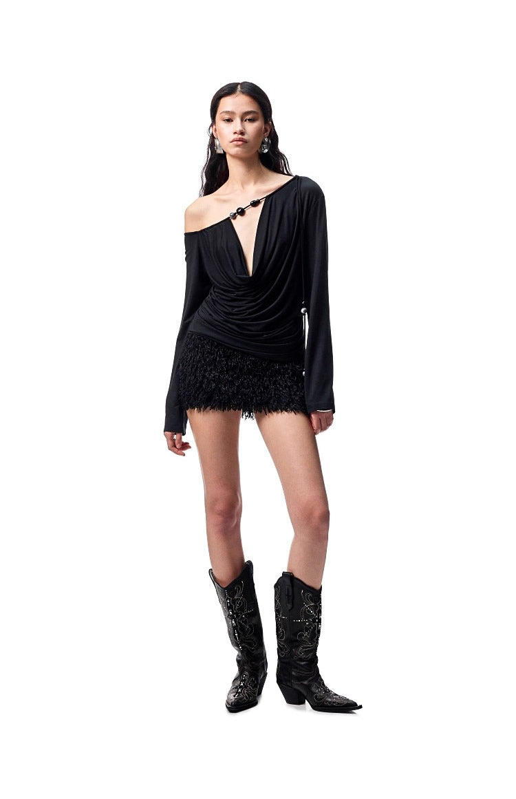 1JINN STUDIO | Beaded Draped Off Shoulder Ruched Deep V Long Sleeve Top [ID:]