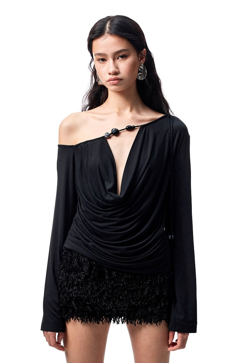 1JINN STUDIO | Beaded Draped Off Shoulder Ruched Deep V Long Sleeve Top [ID:]