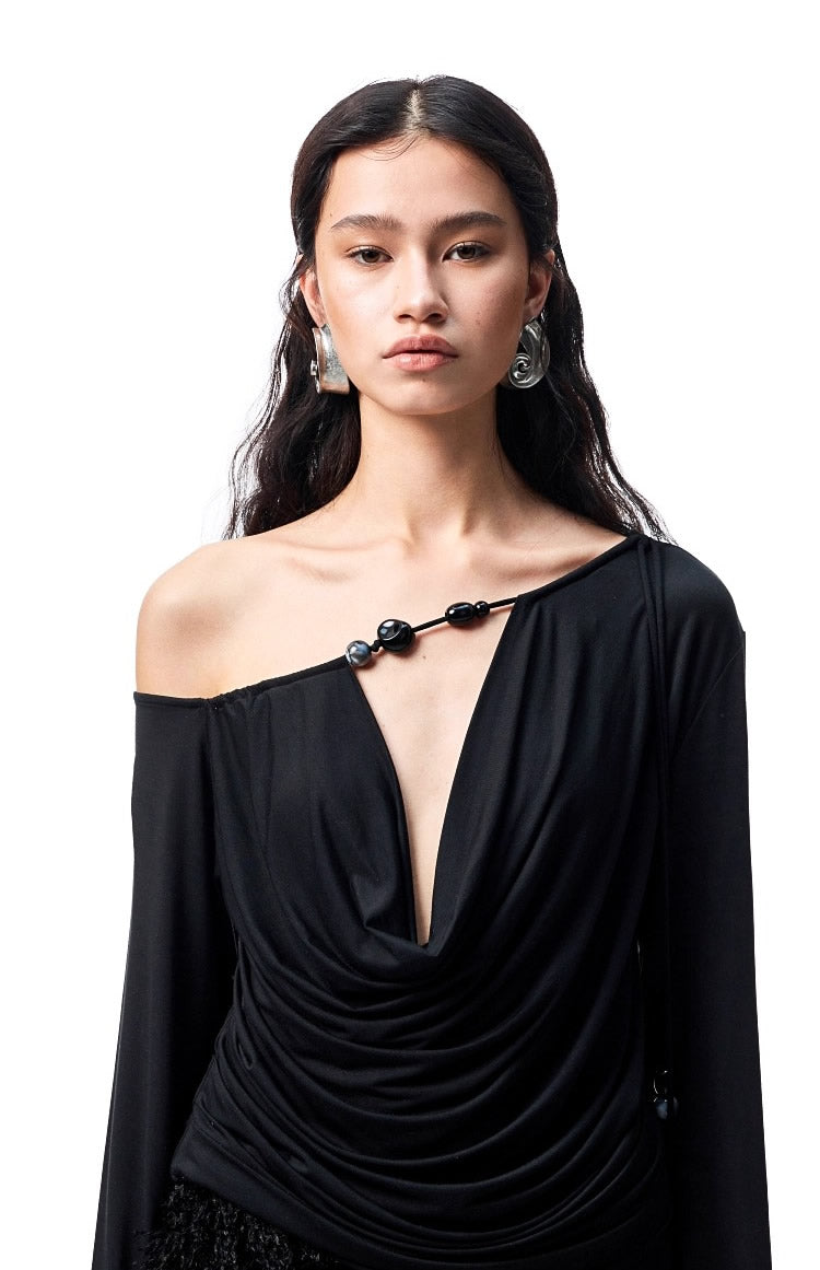 1JINN STUDIO | Beaded Draped Off Shoulder Ruched Deep V Long Sleeve Top [ID:]