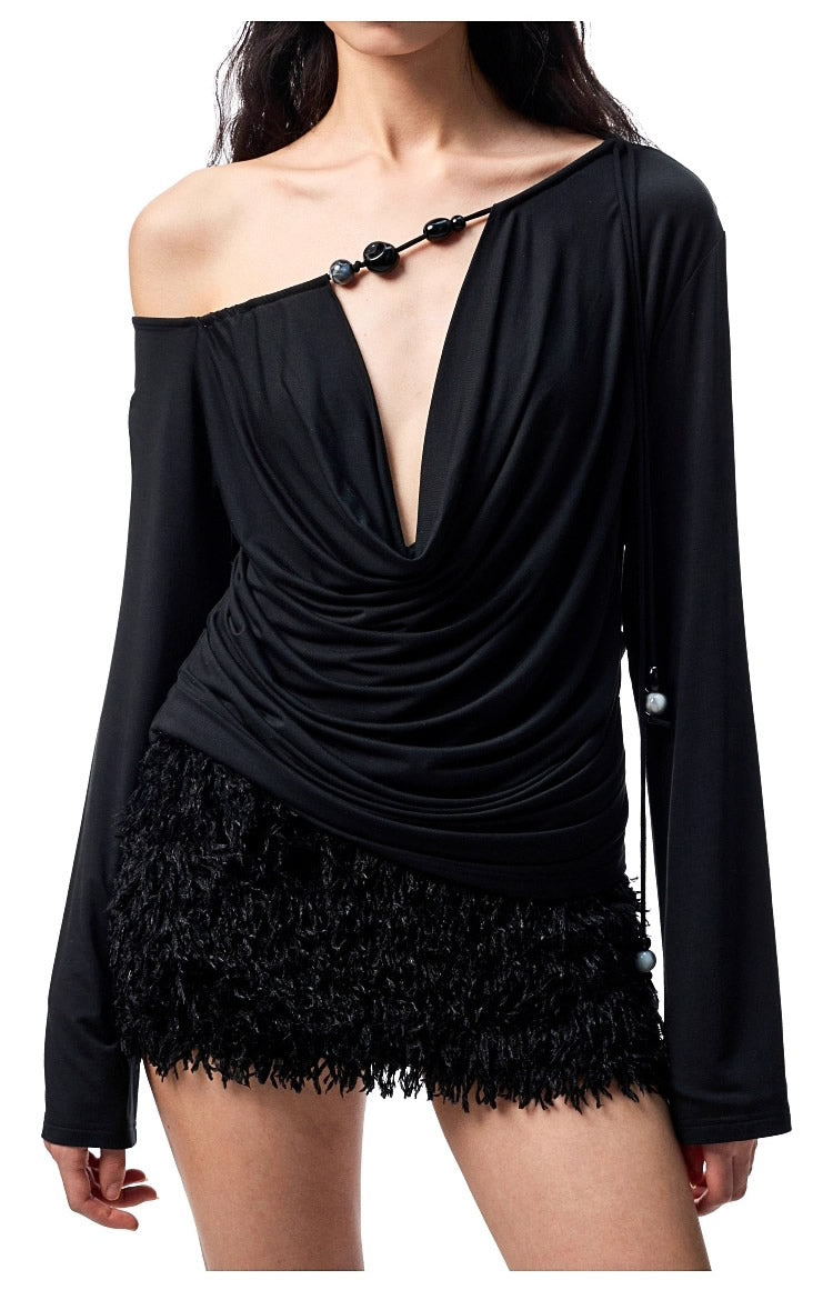 1JINN STUDIO | Beaded Draped Off Shoulder Ruched Deep V Long Sleeve Top [ID:]
