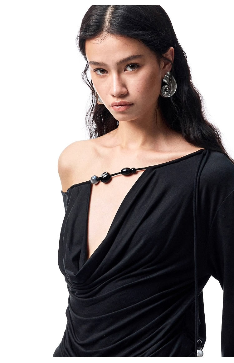 1JINN STUDIO | Beaded Draped Off Shoulder Ruched Deep V Long Sleeve Top [ID:]