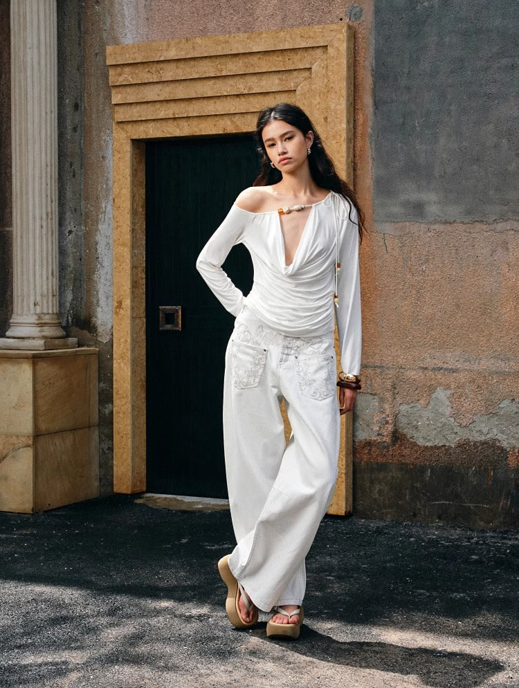 1JINN STUDIO | Beaded Draped Off Shoulder Ruched Deep V Long Sleeve Top [ID:]