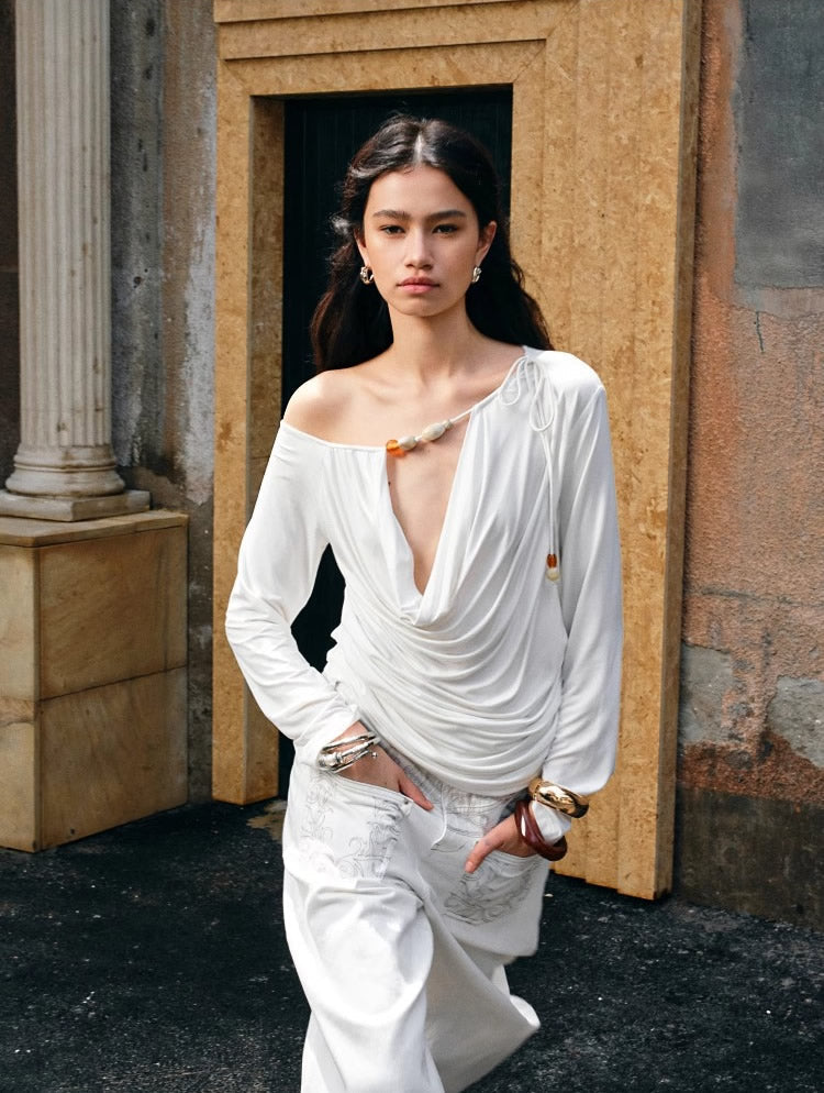 1JINN STUDIO | Beaded Draped Off Shoulder Ruched Deep V Long Sleeve Top [ID:]