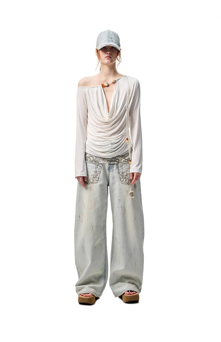 1JINN STUDIO | Beaded Draped Off Shoulder Ruched Deep V Long Sleeve Top [ID:]