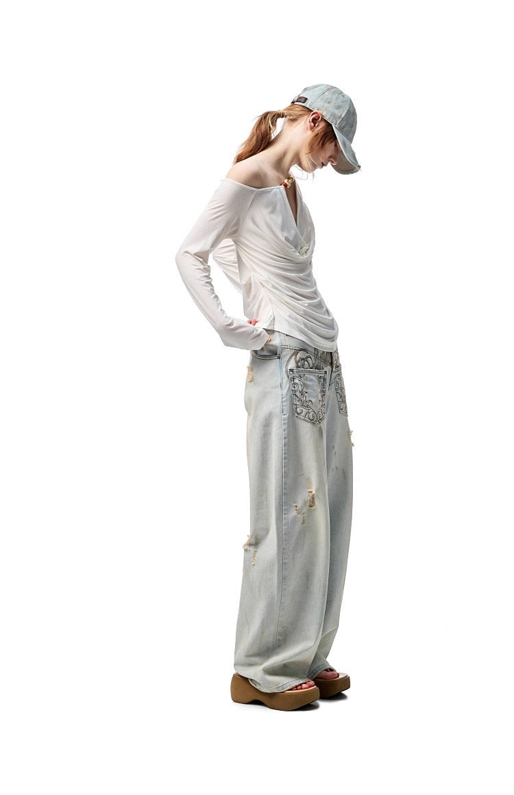 1JINN STUDIO | Beaded Draped Off Shoulder Ruched Deep V Long Sleeve Top [ID:]