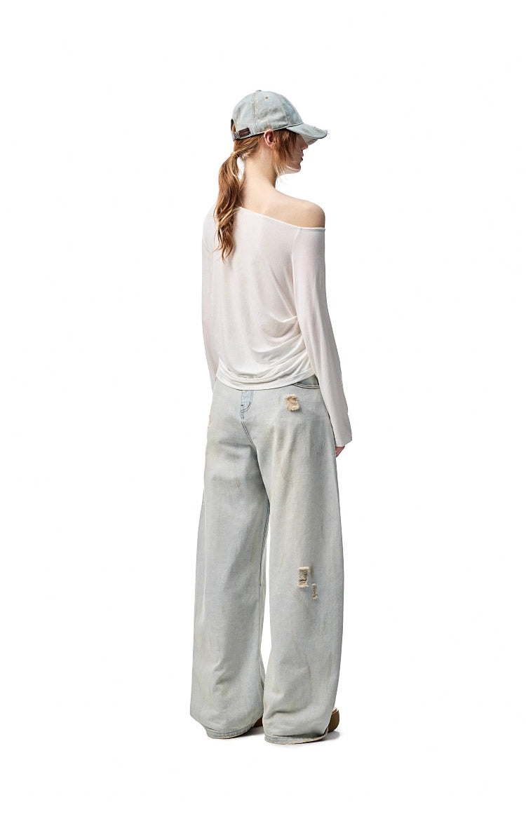 1JINN STUDIO | Beaded Draped Off Shoulder Ruched Deep V Long Sleeve Top [ID:]