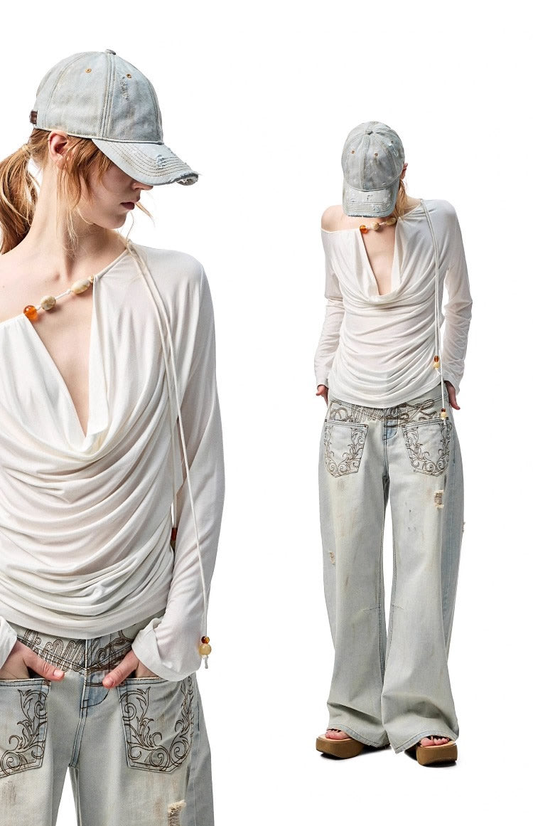 1JINN STUDIO | Beaded Draped Off Shoulder Ruched Deep V Long Sleeve Top [ID:]