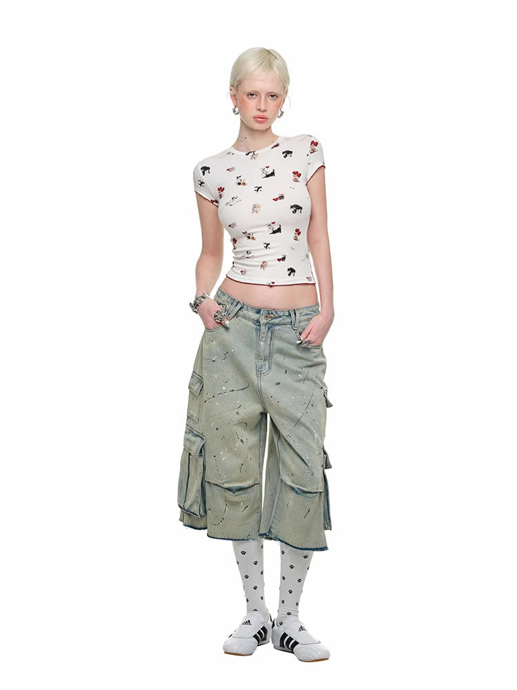 1JINN STUDIO | Low Rise Washed Paint Splash Pet Print Denim Pants [ID:]