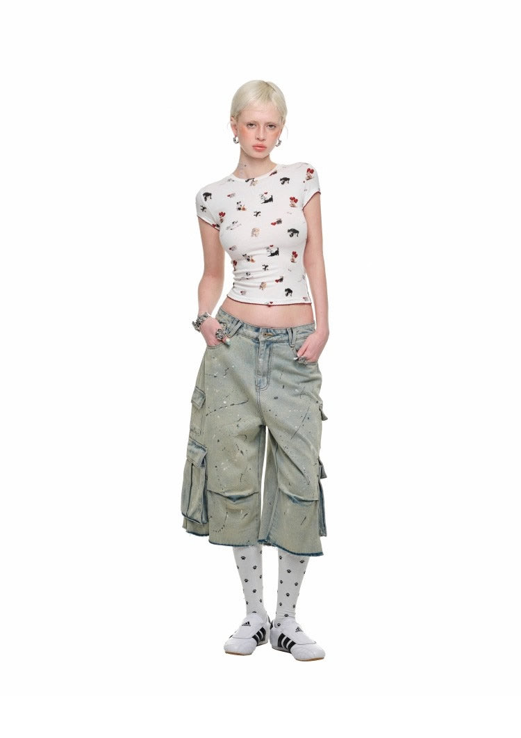 1JINN STUDIO | Low Rise Washed Paint Splash Pet Print Denim Pants [ID:]
