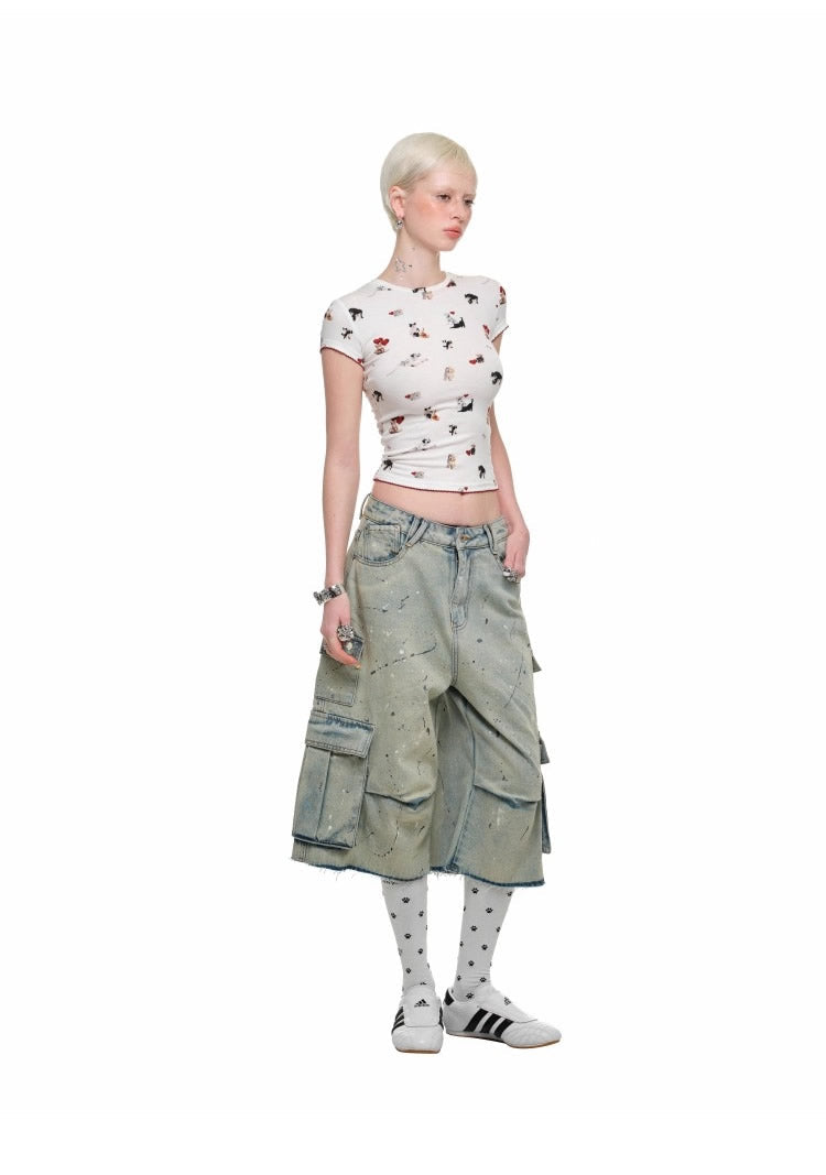 1JINN STUDIO | Low Rise Washed Paint Splash Pet Print Denim Pants [ID:]