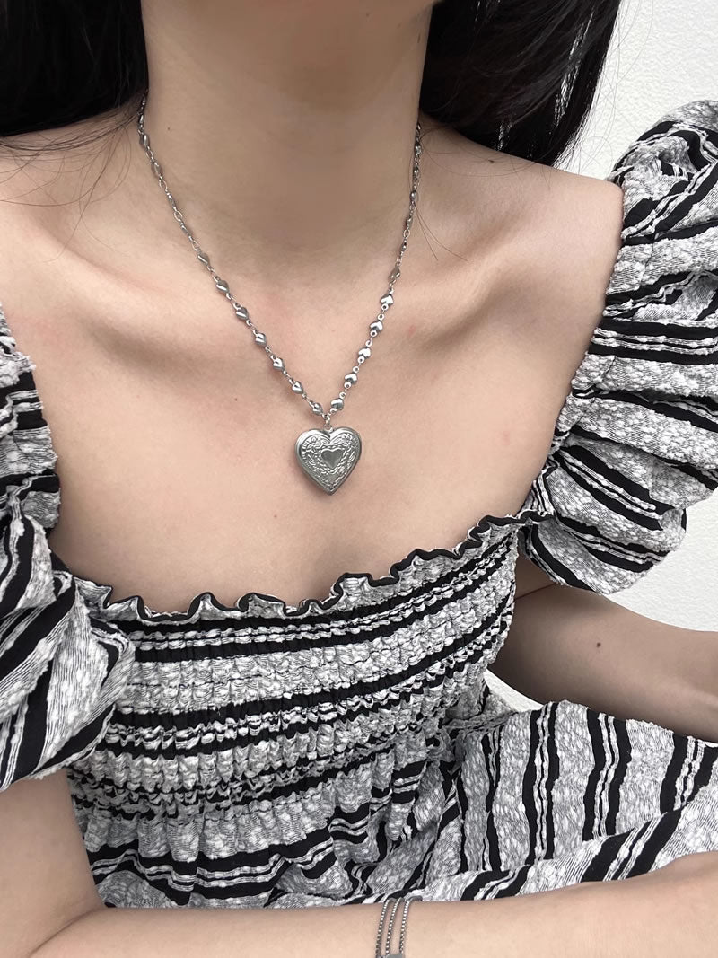 Korean Carved Heart Rope Chain Layered Sweet Necklace
 [ID:0032AC]
