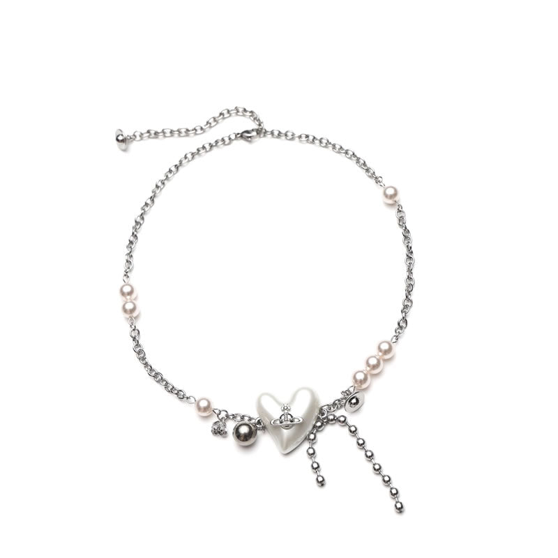 Beaded Saturn Heart Pendant Mixed Design Choker Necklace
 [ID:0034AC]