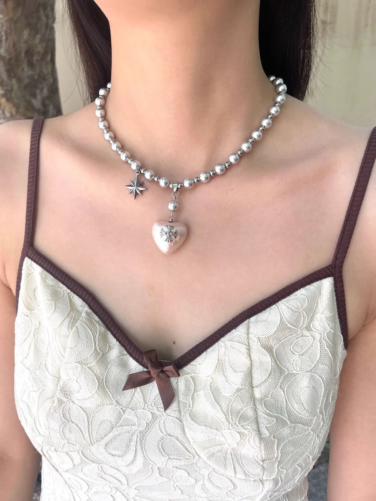 Elegant Vintage Cross Heart Layered Clavicle Necklace
 [ID:0035AC]
