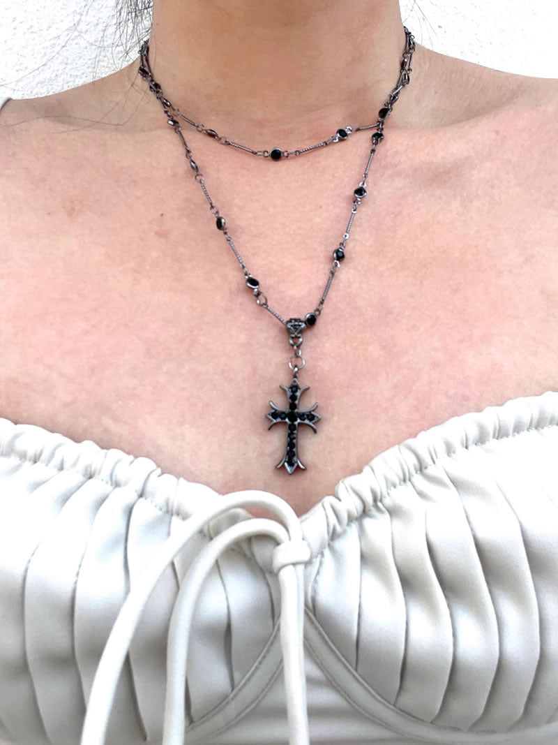 Dark Double Layer Cross Pendant Subculture Choker Necklace
 [ID:0038AC]