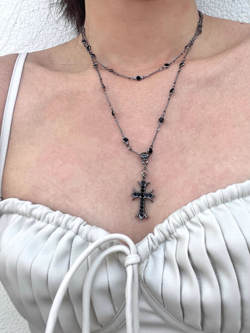 Dark Double Layer Cross Pendant Subculture Choker Necklace
 [ID:0038AC]