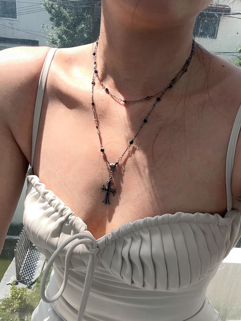 Dark Double Layer Cross Pendant Subculture Choker Necklace
 [ID:0038AC]